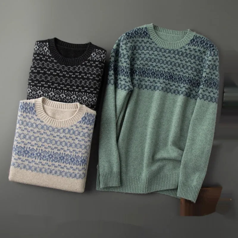 Men's jacquard cashmere sweater in beige, thickened knit, long sleeves, loose fit pullover style
