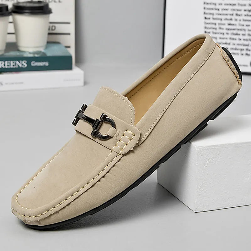 Men's casual leather slip-on loafers in beige with round toe and rubber sole