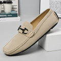 Men's casual leather slip-on loafers in beige with round toe and rubber sole