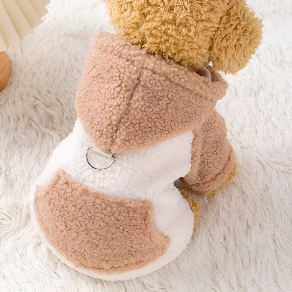 Brown dog wearing thick cotton-padded hooded coat for winter warmth
