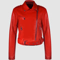 Women's short red PU leather jacket with lapel collar and waist belt on a hanger.