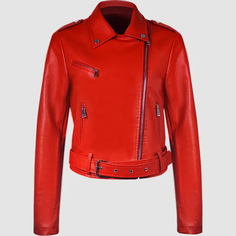 Women's short red PU leather jacket with lapel collar and waist belt on a hanger.
