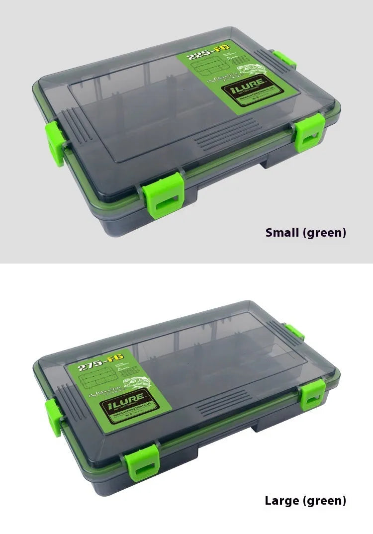 Waterproof fishing lure storage box in PP plastic showing colour options and size specifications