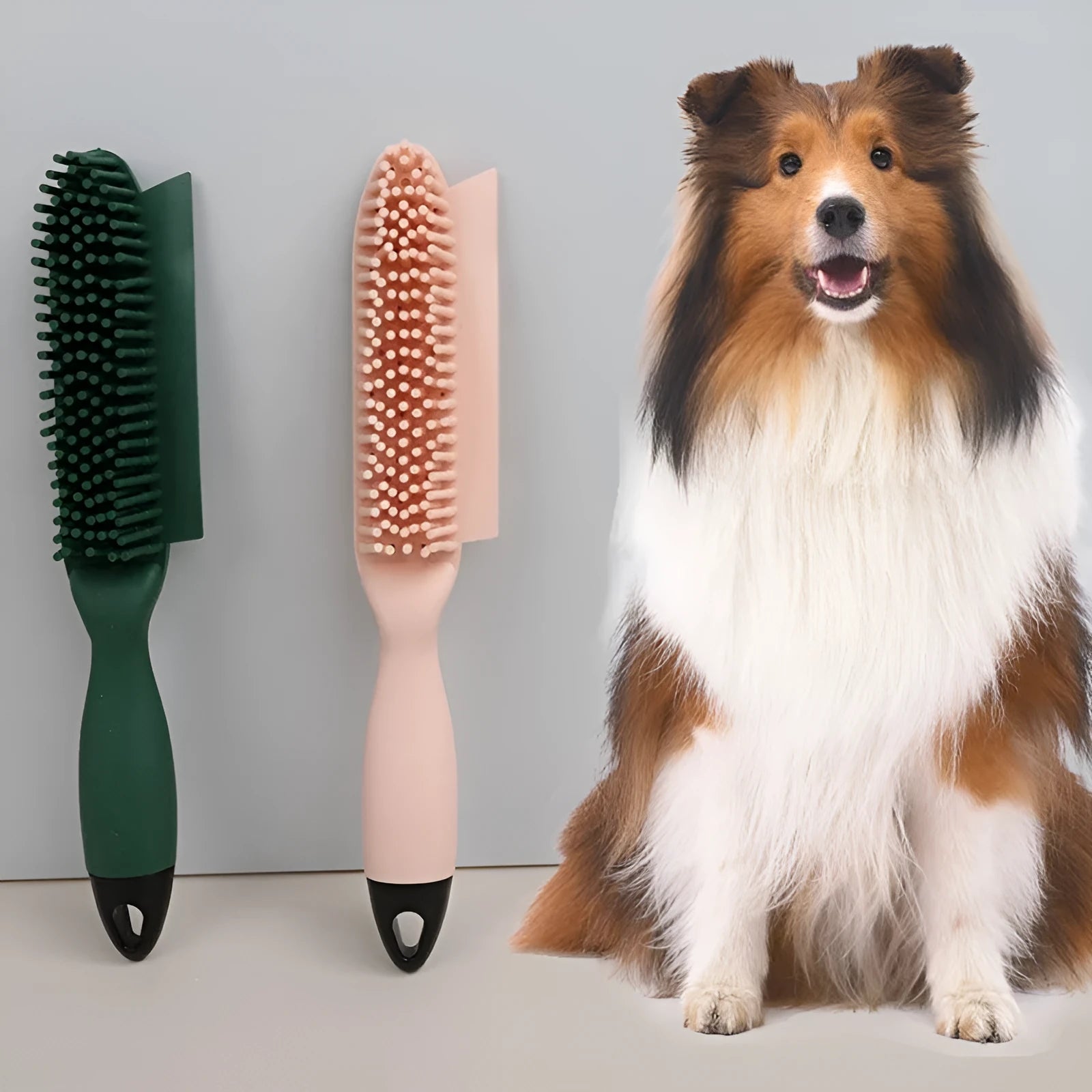 Green and pink dog brush with rubber bristles and pet hair remover function