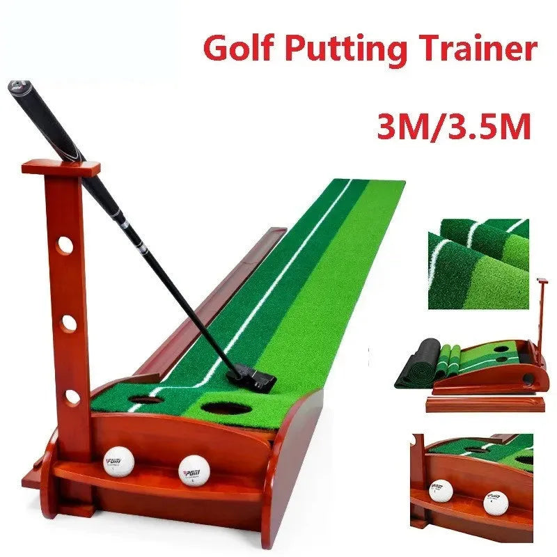 Indoor golf putting practice mat with dual hole targets and automatic ball return system