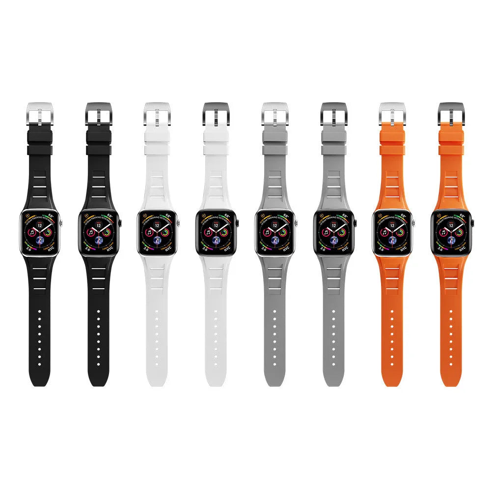 Apple Watch liquid silicone strap replacement with silver buckle in black colour for 42mm 44mm 45mm 49mm