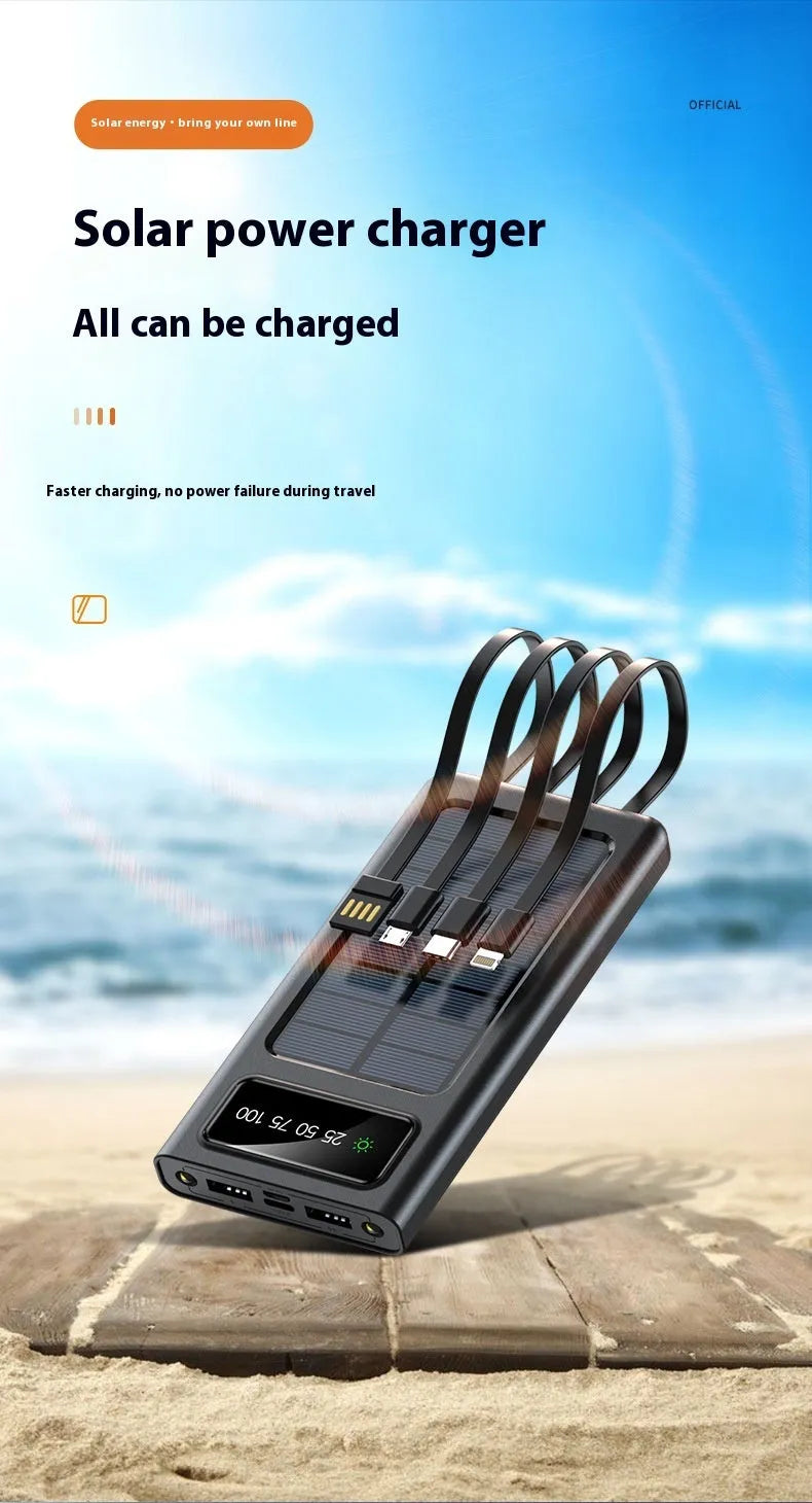Solar power bank with four attached charging cables in black or white colour options