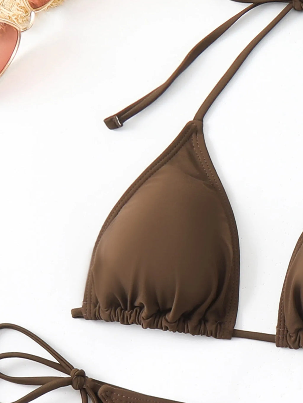 Brown solid colour women's three-piece swimsuit set with bra, shorts and blouse