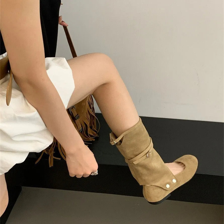 Niche design two-way pants brushed hollow-out mid-calf loose socks boots for women in black