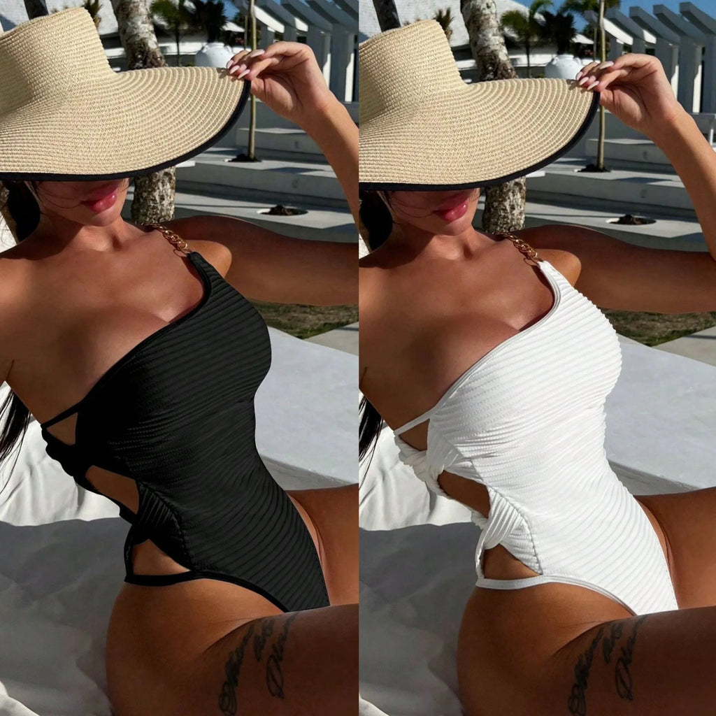Women's solid colour one-piece swimsuit in beige and black options with S M L sizing