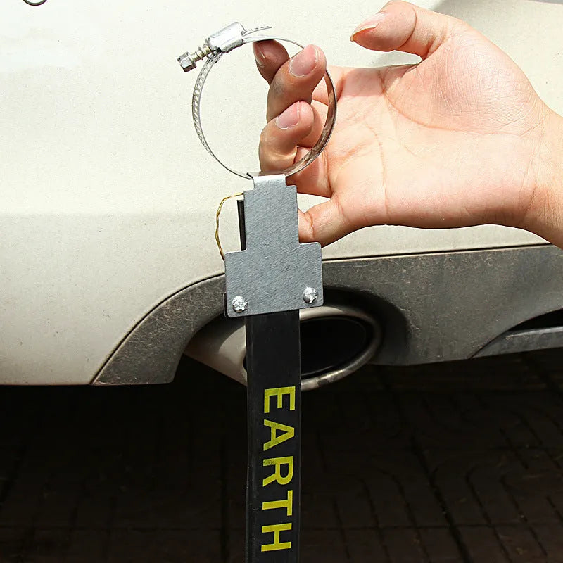 Black 370mm long car electrostatic grounding belt with rubber casing and metal clamp for vehicle static discharge.