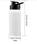 White aluminium sports water bottle for cycling and outdoor activities showing 600ml and 750ml size options.