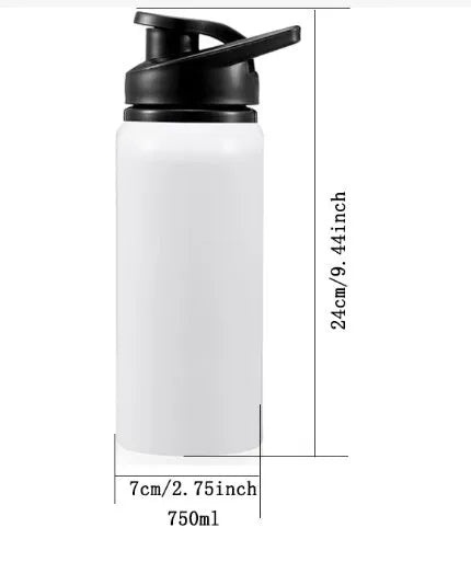 White aluminium sports water bottle for cycling and outdoor activities showing 600ml and 750ml size options.
