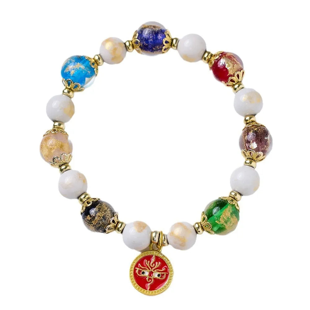 Handmade Five Gods of Wealth glazed porcelain bracelet with 10mm geometric beads