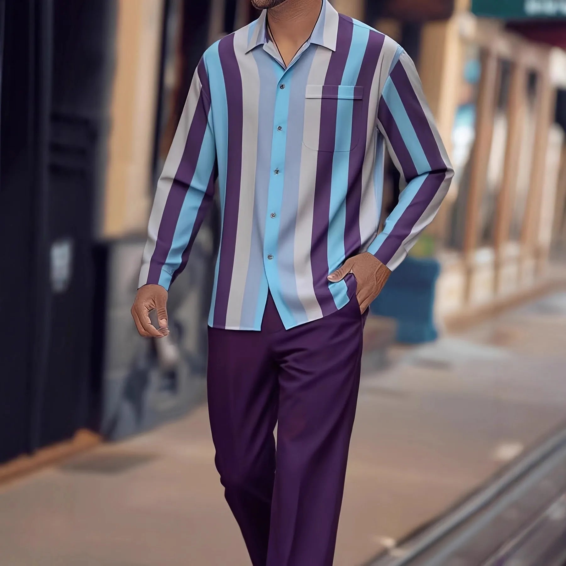 Men's print striped suit set with long sleeve blazer and trousers in polyester fabric, multiple colour options, Asian sizing