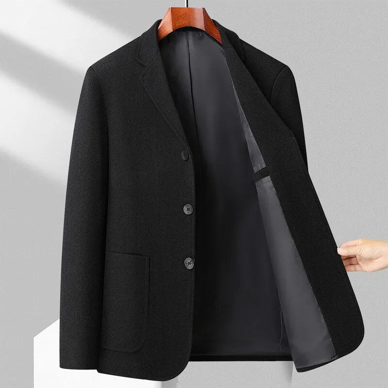 Men's loose fit woolen coat in solid colour polyester fabric for spring and autumn casual wear