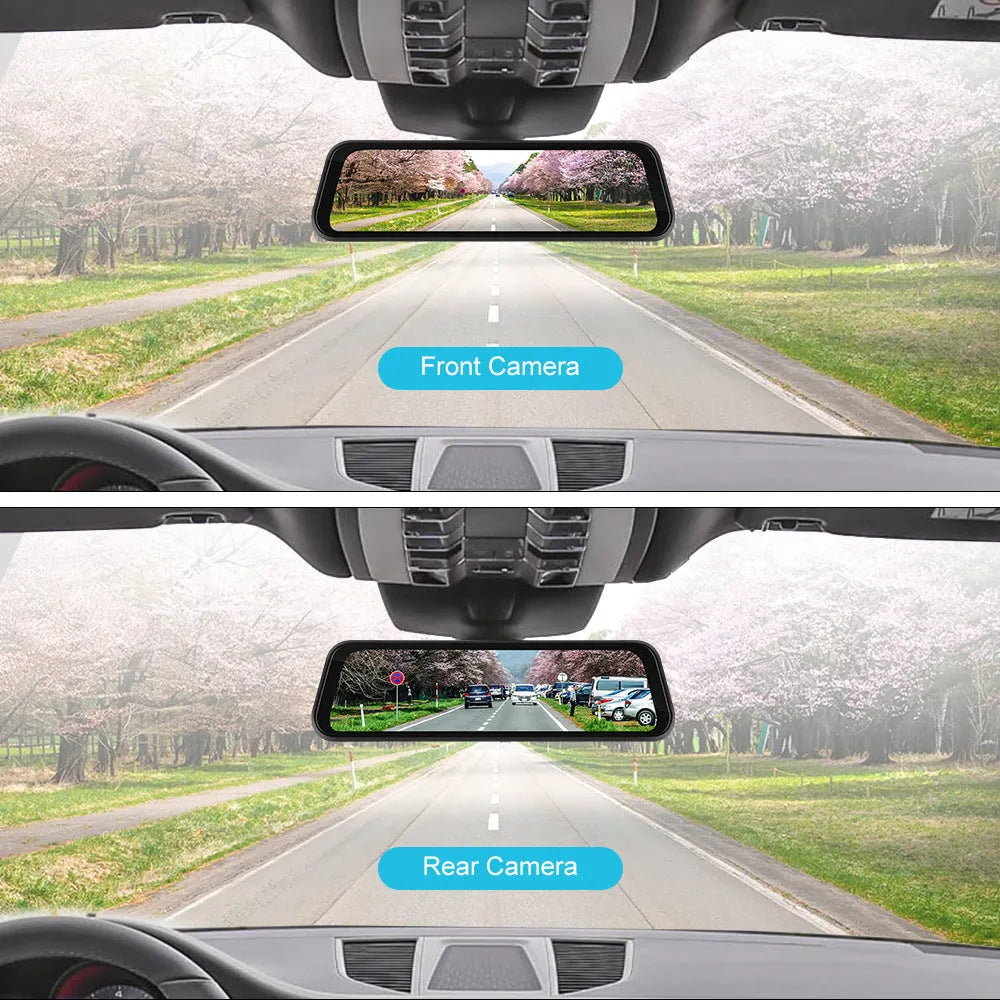 9.66-inch black touchscreen car dash cam recorder mounted on a car windscreen.