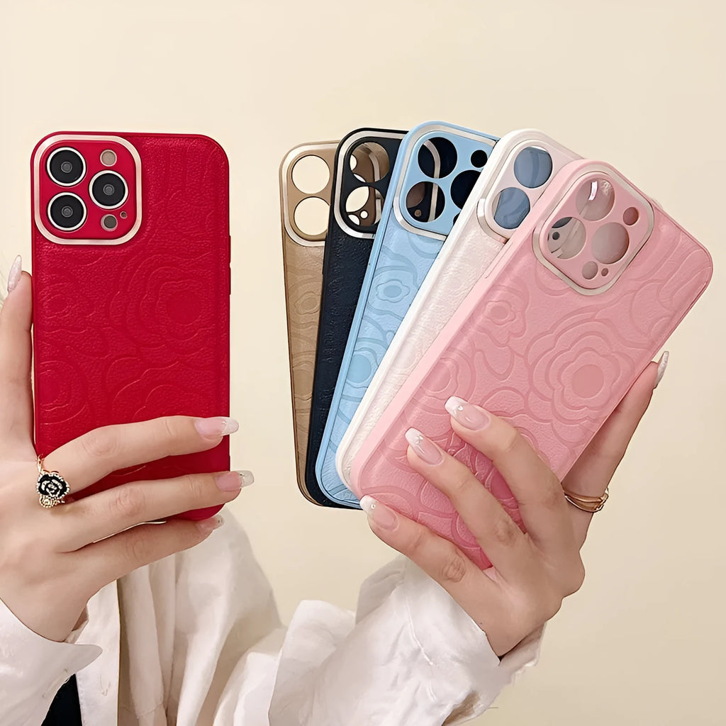 Camellia leather pattern iPhone case with soft edge and hard back, drop-resistant protective shell.