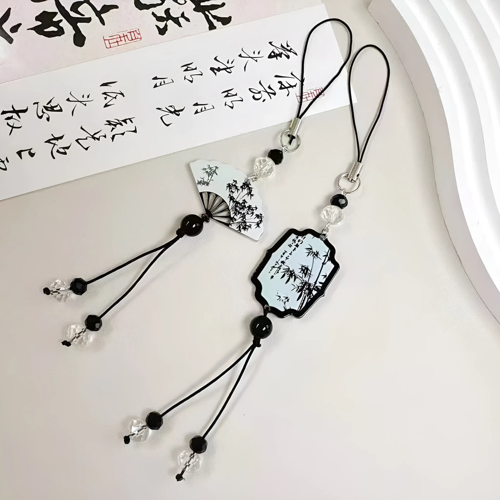 Guofeng Chinese-style pendant keychain with floral bead patterns in Fan or Poetry colour on a key ring.