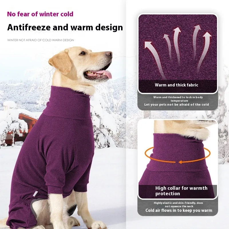 Dark grey polar fleece dog coat with high collar and four-legged design for winter warmth