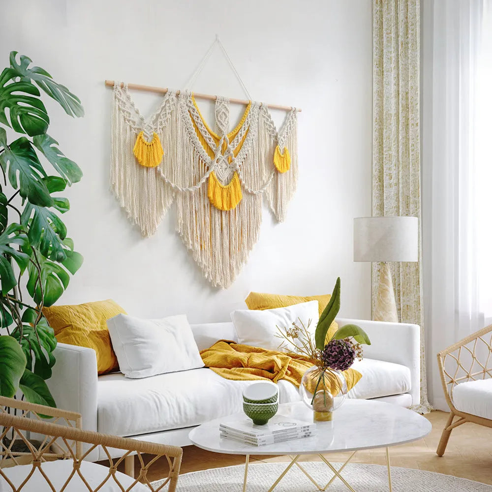 Hand-woven creamy white cotton tapestry with Nordic style, rectangular shape measuring 120cm by 95cm