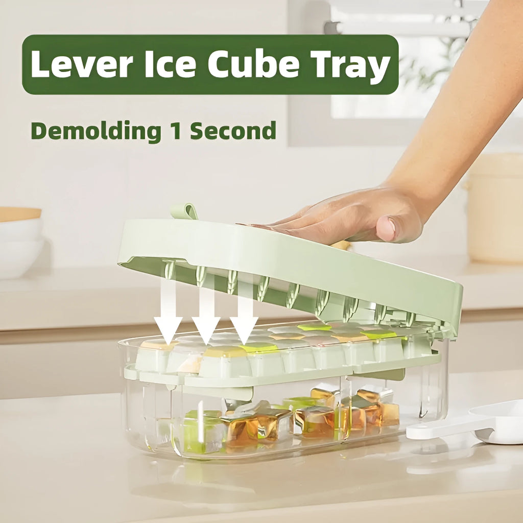 A high-capacity ice cube tray grid in a choice of colours, shown with its integrated ice shovel storage compartment.