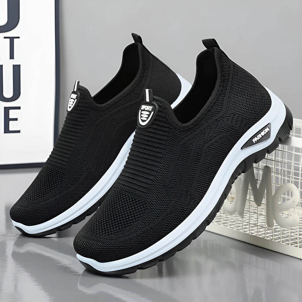 Men's black and grey breathable casual shoes with mesh lining and round toe design