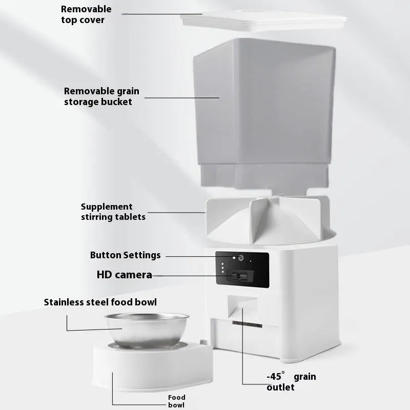 Stainless steel single bowl pet intelligent feeder with 5L capacity and multiple control model options