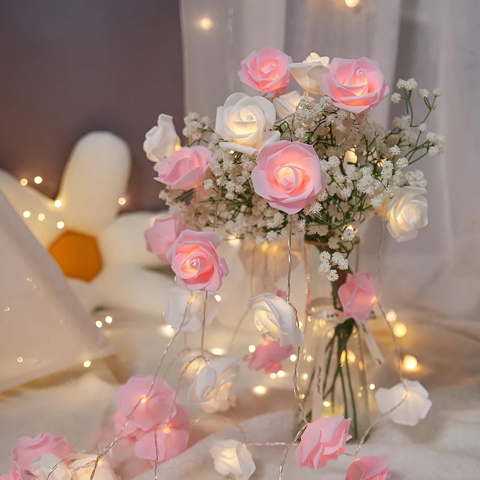 Battery-powered LED rose light string with ten artificial foam roses for indoor holiday decoration