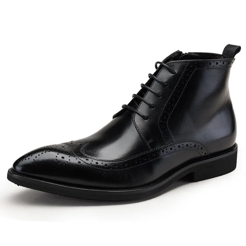 Carved genuine leather mid-calf boots in wine red with low heel and rubber sole