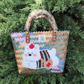 Bamboo handle woven basket handbag with dog design, large capacity PVC travel tote.