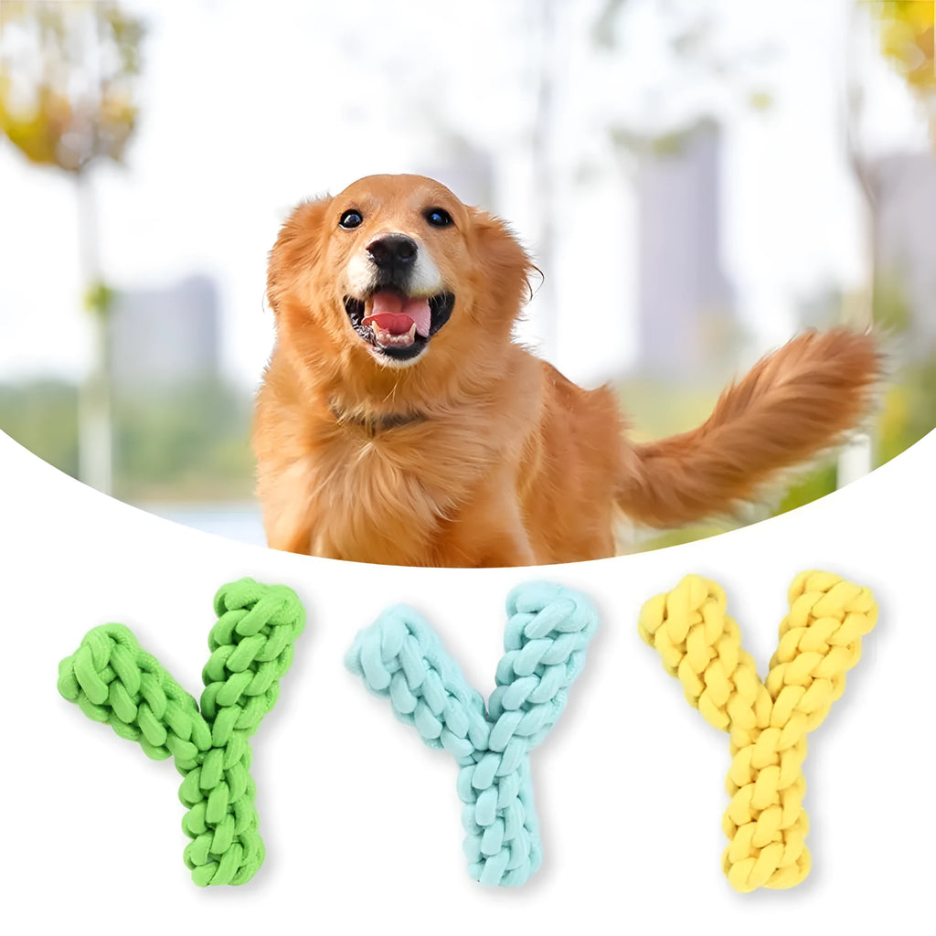 Y-shaped cotton rope dog toy for large dogs in blue, green, or yellow colours
