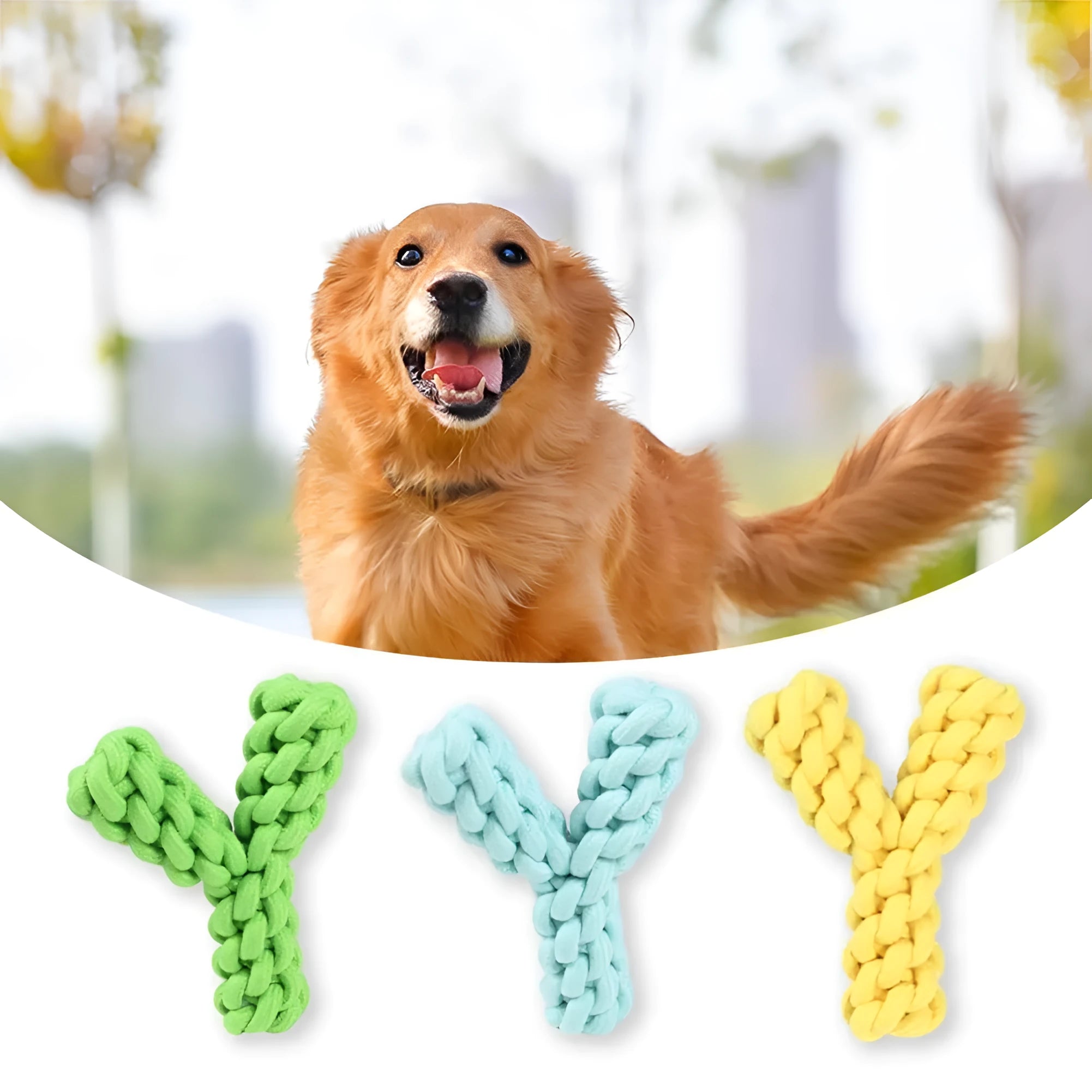 Y-shaped cotton rope dog toy for large dogs in blue, green, or yellow colours