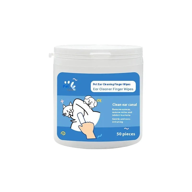 Box of disposable pet teeth cleaning wipes and ear cleaning wipes with fingertip applicators for cats and dogs.