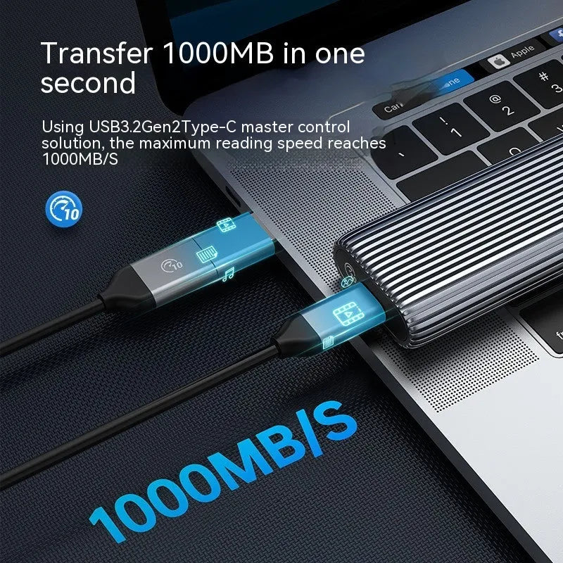Aluminium external SSD enclosure box for M.2 NVMe and SATA drives with data cable and heat dissipation accessories.