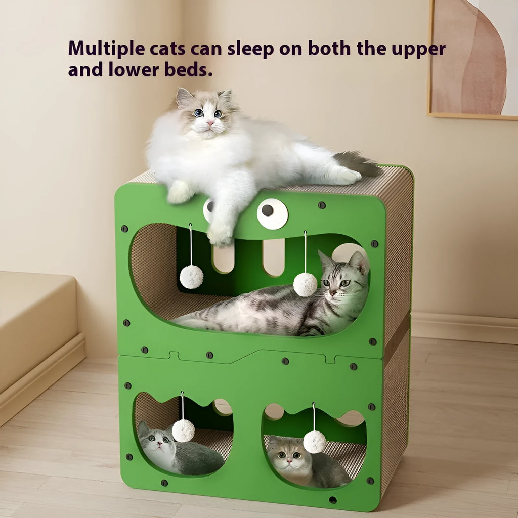 Double layer cat scratching board and enclosed nest in a choice of owl, big eyes, or cat head styles.