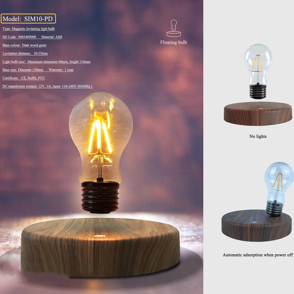 Magnetic levitation bulb night light in solid wood colour floating above plastic base