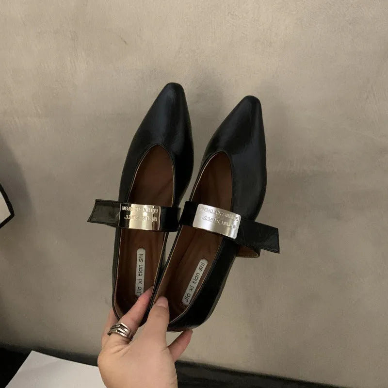 Women's black pointed toe Mary Jane pumps with buckle closure and low block heel