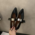 Women's black pointed toe Mary Jane pumps with buckle closure and low block heel