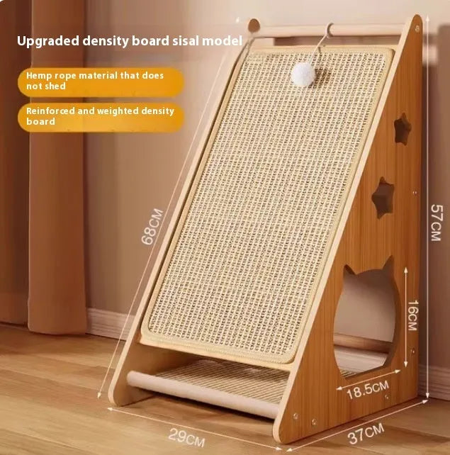 Vertical wall-mounted cat scratch board with sisal surface and hemp rope toys