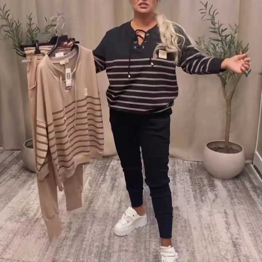Striped sporty two-piece loose sweatshirt sweatpants set for women, black and khaki colour options, casual colour block long sleeve tracksuit