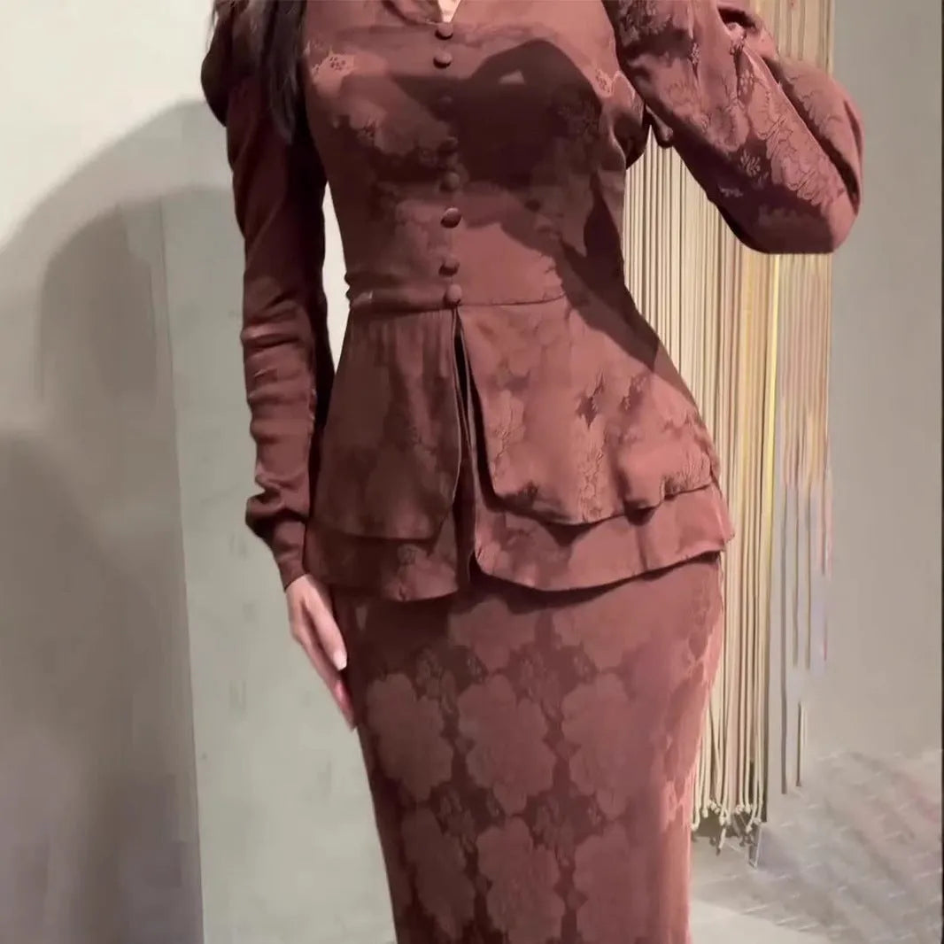 Dark brown artistic retro dress with plant pattern, long sleeves, and a fake two-piece design.