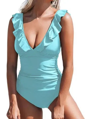 Women's V-neck one-piece swimsuit with lace-up front and flounce detail in multiple colour options