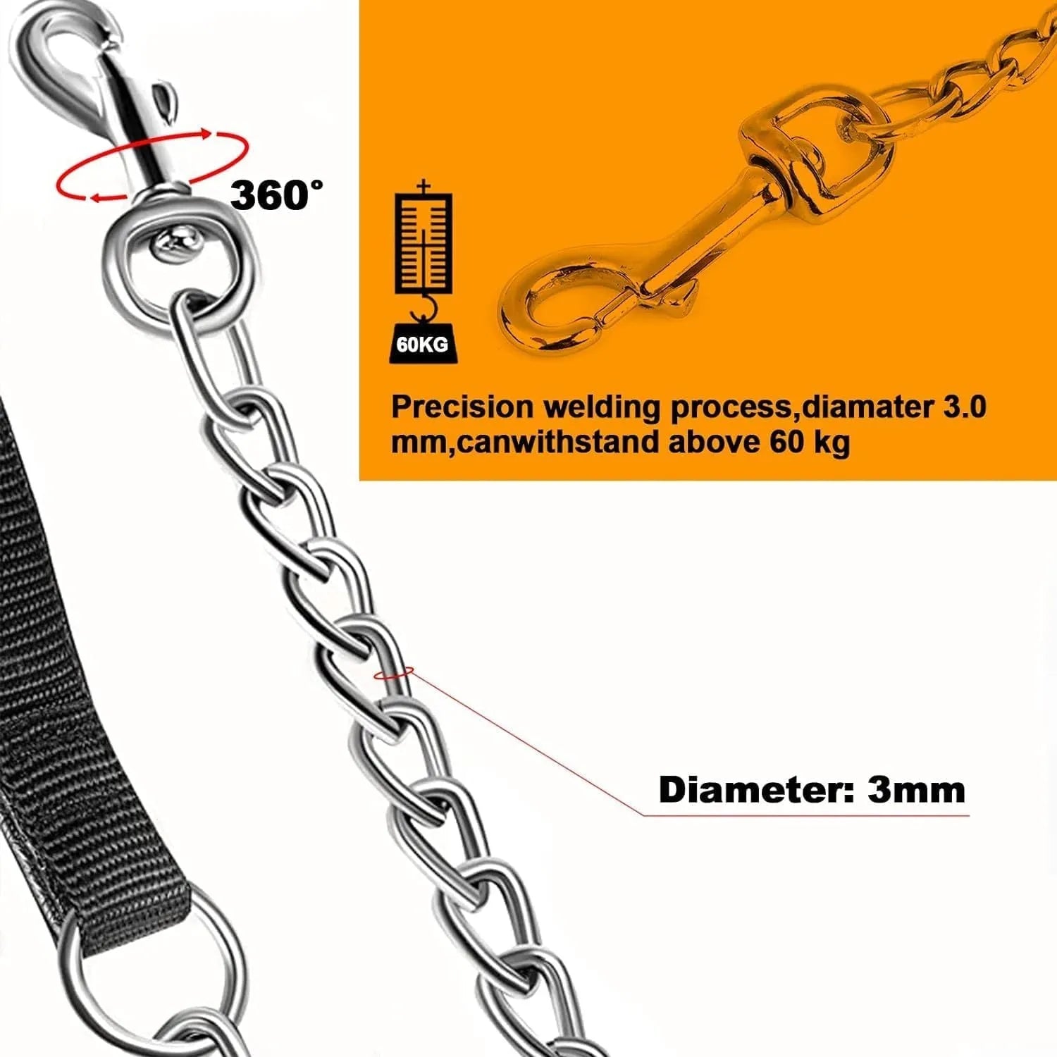 Heavy duty metal dog chain leash with soft padded black handle for large dogs