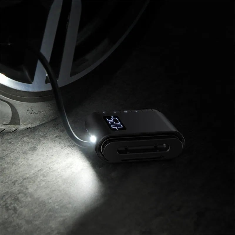 Black car emergency tyre inflator with digital LED display and 26.5cm tube