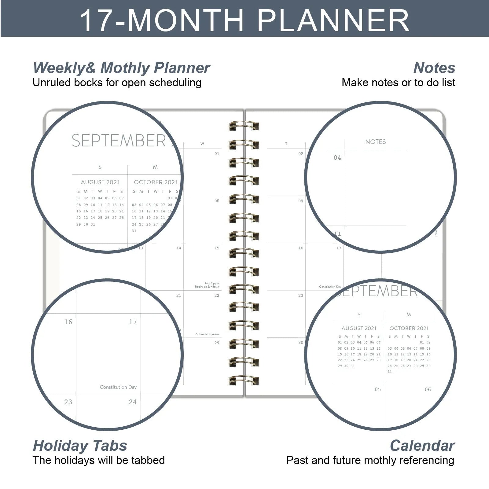 Green 2022 student weekly planner with coil binding, PU leather cover, open to show monthly grid and pockets.