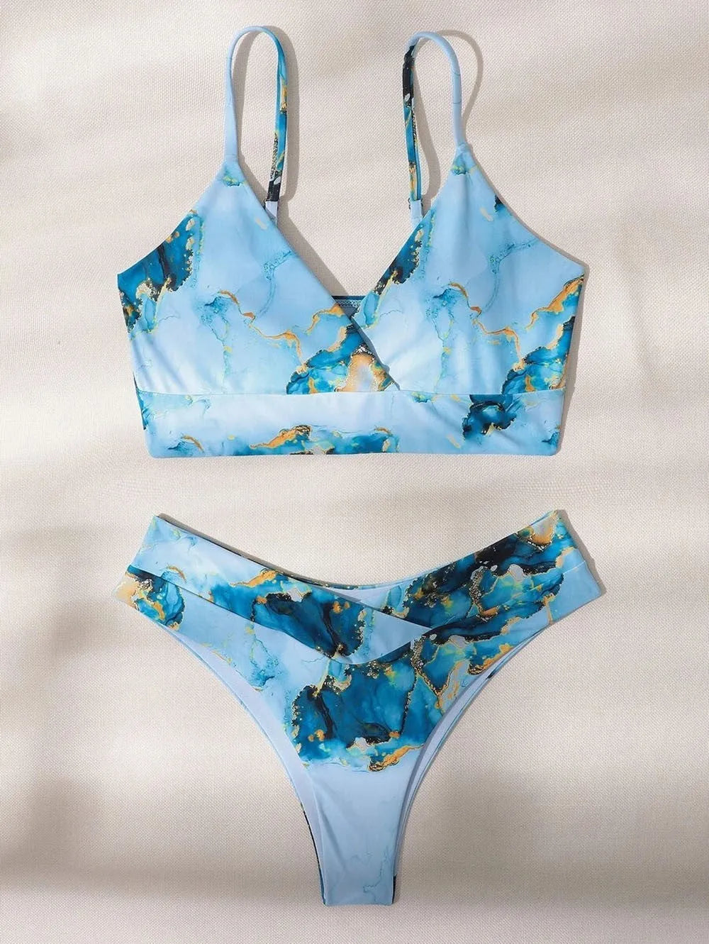 Women's marble tie-dye high-waist bikini set with U-neck top and separate pieces