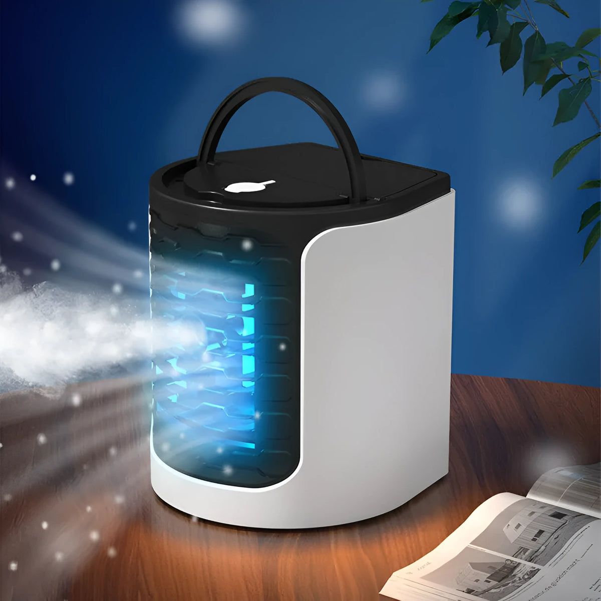 Desktop air conditioning fan in white or green, 16 x 15.5 x 17.3 cm, with 150ml water tank and USB cable
