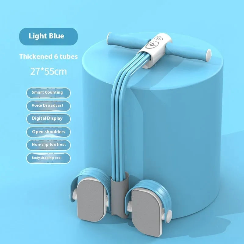 Blue portable intelligent foot pedal pull device with bold tubes, made of ABS plastic for home fitness.