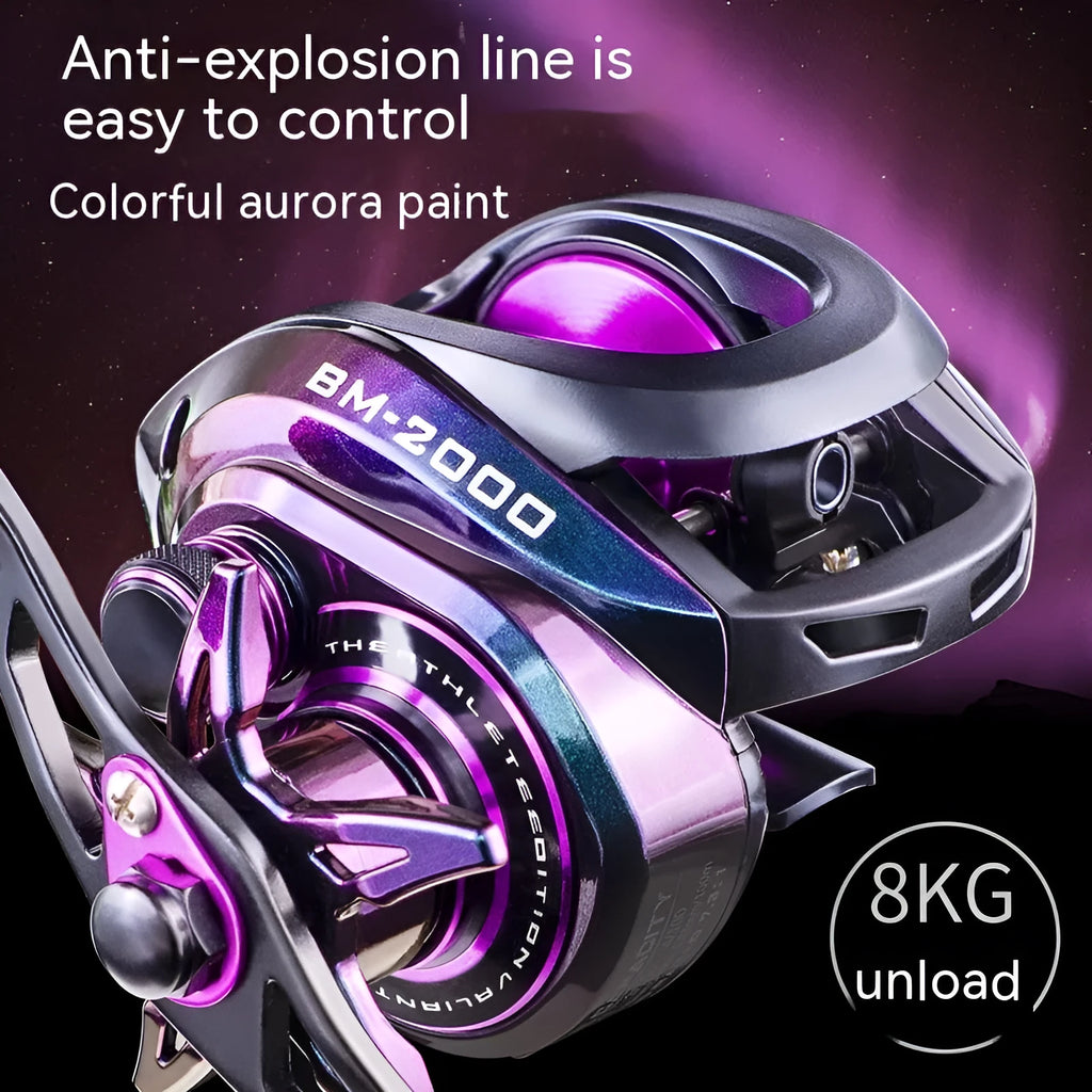 Colourful water drop design BM2000 fishing reel with magnetic brake system, shown with spool.